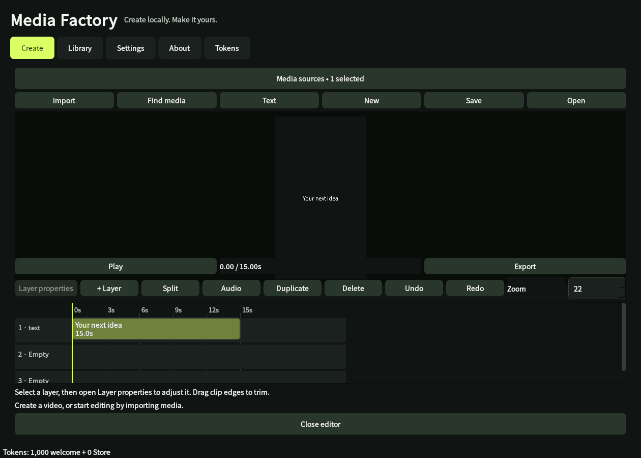 Development preview of Media Factory with a full workspace editor, larger canvas and timeline.